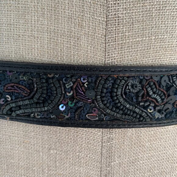 Lucky Brand Leather Beaded Sequin Waist Belt Women's S Black Silver Buckle Y2K - Picture 7 of 12